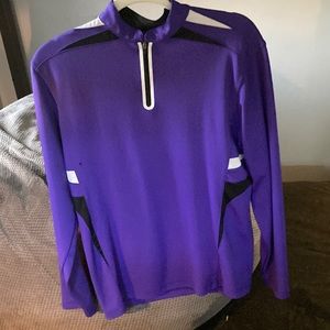 Purple swim jacket with message on the back.